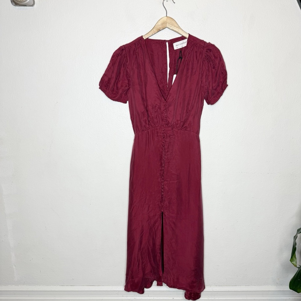 New Self Contrast Ilse Deep Red Button Front Puff Sleeve Midi Dress Women's XS